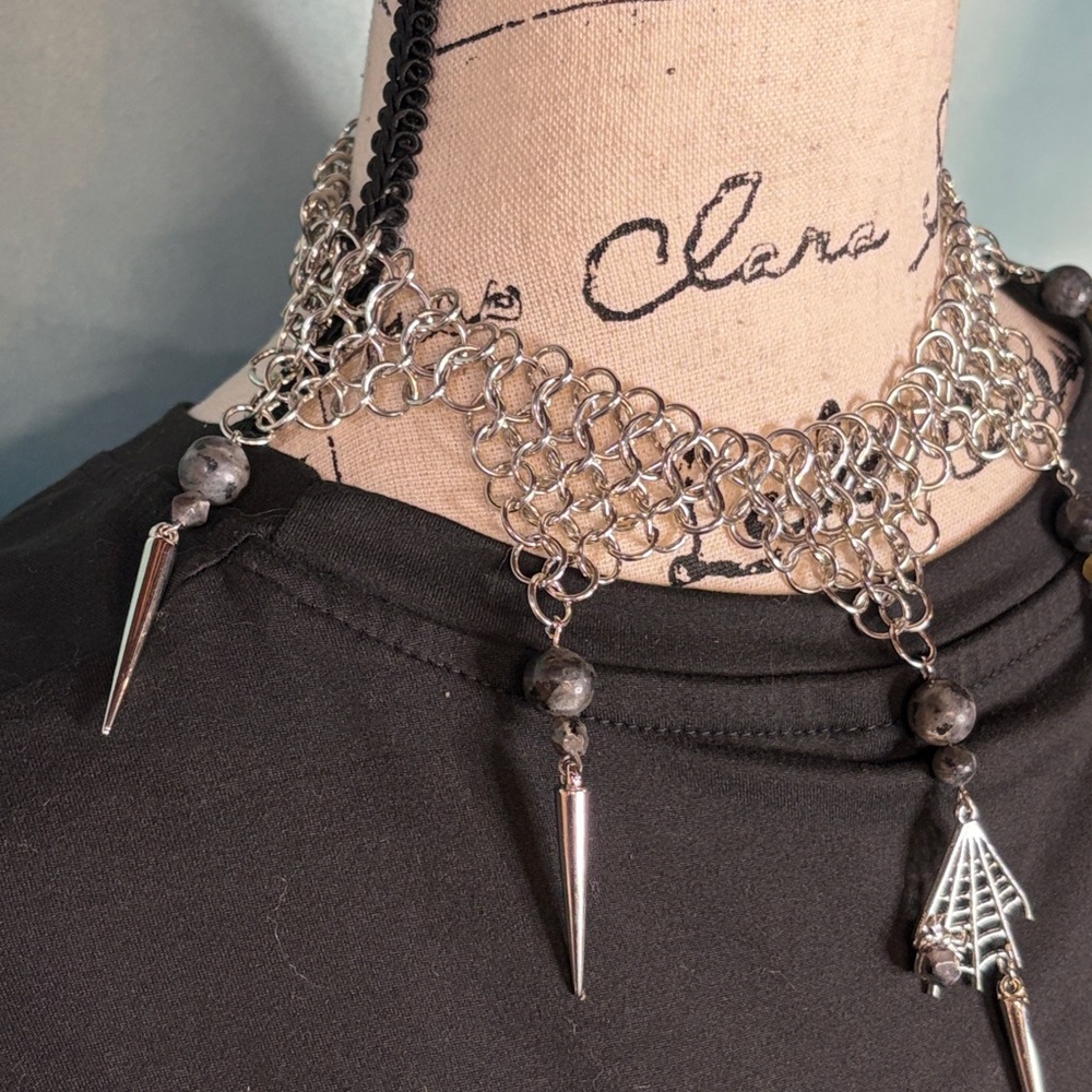 Handmade Madagascar Labradite Chain Mail Spiderweb Choker witchy luxe goth - Picture 4 of 8